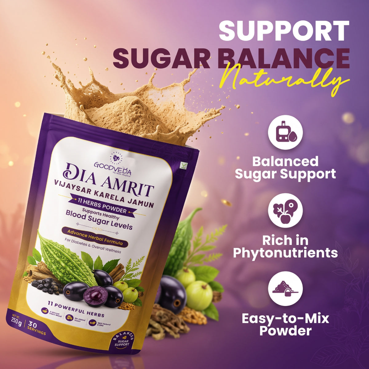 Dia Amrit Vijaysaar Karela Jamun Powder Ayurvedic Sugar Control Formula with 11 Potent Herbs