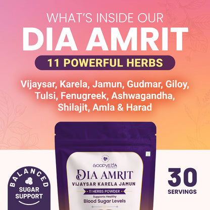 Dia Amrit Vijaysaar Karela Jamun Powder Ayurvedic Sugar Control Formula with 11 Potent Herbs