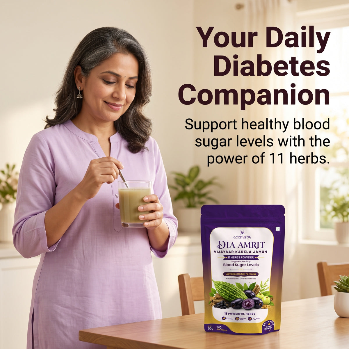 Dia Amrit Vijaysaar Karela Jamun Powder Ayurvedic Sugar Control Formula with 11 Potent Herbs