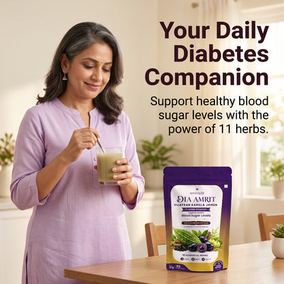 Dia Amrit Vijaysaar Karela Jamun Powder Ayurvedic Sugar Control Formula with 11 Potent Herbs