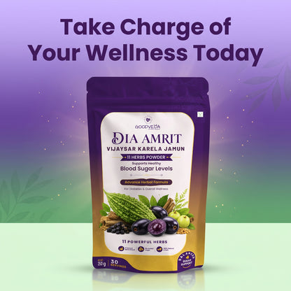 Dia Amrit Vijaysaar Karela Jamun Powder Ayurvedic Sugar Control Formula with 11 Potent Herbs